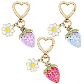 3Pcs Strawberry Keychain, AIFUDA Cute Strawberry Heart-Shaped Flowers Keyrings Daisy Keychain Accessories for Girls Purse (Red Blue Purple)