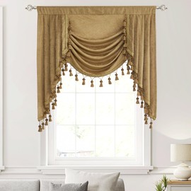 NICETOWN Taupe Kitchen Valance, Farmhouse Waterfall Curtain for Living Room Guest Room Windows, Blackout Swag Valance with Tassel for Nursery, 39 Inch Wide Rod Pocket, 1 Panel