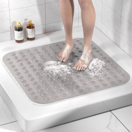 HITSLAM Square Shower Mat Non Slip Anti Mould, 53 x 53cm Bath Mat for Tub with Suction Cups and Drain Holes, Machine Washable Bathroom Anti Slip Shower Mat, Soft on Feet, Grey