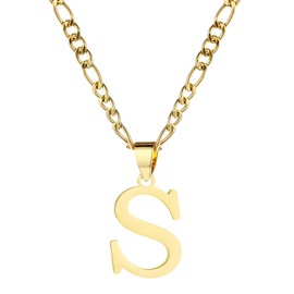 kelistom Gold Initial Necklace for Women Men 14K Gold Silver Tone Stainless Steel Letters Figaro Chain Necklace, Capital Monogram Necklace Alphabets from A-Z (S, Gold, chain length:22")
