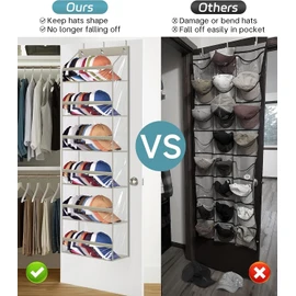AOODA Clear Over the Door Hat Racks for Baseball Caps, Large Holds up to 72 Caps Hat Storage Organizer for Closet Wall, Deep Pockets Hanging Snapback Holder Shelves with 3 Hooks, Grey