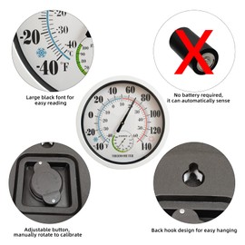 Indoor Outdoor Thermometer Large Numbers 12 Inch Wall Weather Thermometer Hanging Garden Decor Hygrometer No Battery Needed (White)