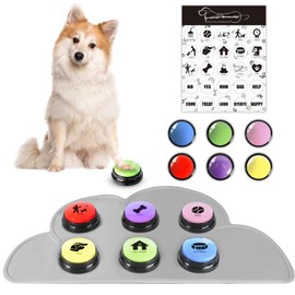 Dog Buttons for Communication and Training, 6 Pack Recordable Dog Buttons Pet Command Buzzer, 30 Second Record, Speech Training Buttons Multicolour with Stickers and Anti-Slip Mat (Gray mat)