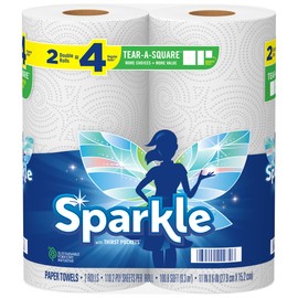 Sparkle Tear-A-Square Paper Towels, 2 Double Rolls (220 Sheets Total) - Strong 2-Ply Towels for Kitchen Cleanup and Everyday Messes