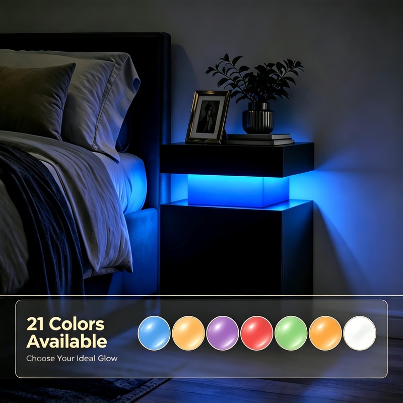 Black Nightstands Set of 2, LED End Table for Bedroom,