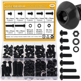 151 Pieces M6 Screws Nuts Washers Set Black, Sutemribor M6 x 8/10/12/16/20/25/30mm Button Head Socket Cap Screws Nuts Washers Assortment Kit, 10.9 Grade Alloy Steel, Fully Threaded