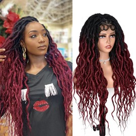 ANNISOUL Ombre Red Faux Locs Wigs for Black Women Curly Goddess Faux Locs Crochet Hair Full Lace Braid Wig with Baby Hair Braided Wig Goddess Dreadlock Wig