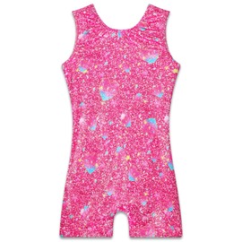 TENVDA Girls Leotards for Gymnastics Size 6 7 Years Old Sparkle Pink Hearts Pattern One-Piece Tank Tumbling Biketards Unitard