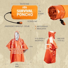 Monterra Emergency Survival Poncho. 2 Thermal Mylar Space Blanket Rain Ponchos. Camping Accessories, Outdoor Survival Gear and Equipment, EDC. (Orange)