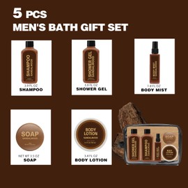 Gift Sets for Men Bath and Body Mens Gifts 5pcs Sandalwood Travel Size sets with Shampoo, Shower Gel, Soap, Body Lotion, Birthday Gifts for Men, Self Care Fathers Day Gifts