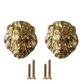 Wwxuanke Lion Door Knob, Brass Lion Knob, Single Hole Door Creative Animal Lion Head Door Knob, Wardrobe and Shoe Cabinet Drawer Knob, Hardware Accessories 2 Pack, Gold, Small