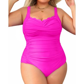 Aqua Eve Women Plus Size Swimsuits One Piece Tummy Control Bathing Suits Retro Scalloped Twist Front Swimwear Hot Pink M