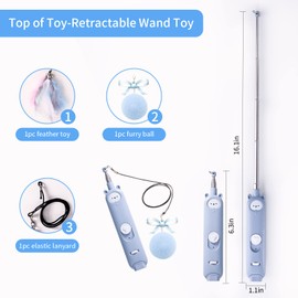 Gochanmon Cat Laser Toys, 2 in 1 Laser Pointer Cat Toys,Internative Cat Toys for Indoor Cats,3+5 Light Modes Cat Wand Toy, Retractable Cat Feather Toys, Long Range Kitten Toys,USB Rechargeable (Blue)