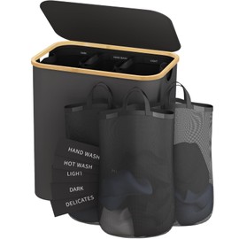 Laundry Hamper 3 Section, 160L Extra Large Hampers for Laundry Basket with Lid, Dirty Clothes Hamper Collapsible Laundry Basket Organizer for Bedroom,Laundry Room, Dark Grey