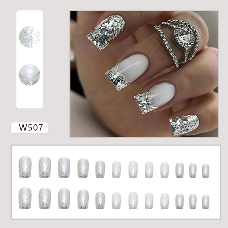 Cubahop 24 Pieces Short Square Silver Gradient Glitter False Nails