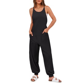 ANRABESS Women's Causal Sleeveless Jumpsuits Summer Scoop Neck Harem Overalls Stretchy Adjustable Strap Romper with Pocket Black Medium