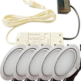 LED Recessed Spotlight Furniture 12 V 3 W - Set of 5 with Transformer, Wiring Harness & Power Plug - Plug & Play Spotlights Warm White 3000K - Diameter 65 mm, 55-60 mm Installation Hole - Flat LED