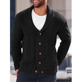 Mens Cable Knit Cardigan Sweater Shawl Collar Loose Fit Long Sleeve Casual Cardigans Black