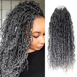 Boho Goddess Locs Crochet Hair for Black Women 96 Strands Soft Faux Locs with Curly Ends, Pre-Looped Crochet Braids Ombre Grey 18 Inch