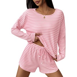 Ekouaer Waffle Lounge Sets 2 Piece Summer Matching Shorts Sets Striped Knit Pajama Sets for Women White/Pink L