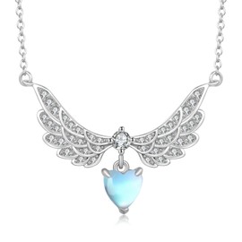 Kootwo Angel Wing Necklace 925 Sterling Silver CZ Angel Wing Heart-shape Moonstone Jewelry Necklace Gift for Women