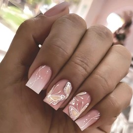 24Pcs Gold Butterfly Press on Nails Short Square Fake Nails with Gradient Designs French Line False Nails Spring Butterflies Glue on Nails Glossy Full Cover Nude Acrylic Nails for Women Girls