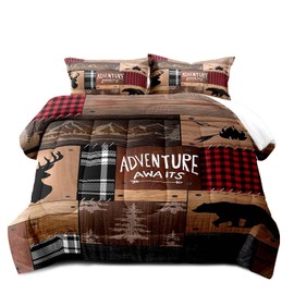 LUVIVIHOME 2PCS Rustic Cabin Comforter Set Twin Size, Farmhouse Bedding, Black Bear Deer Elk Moose Forest Animal Wildlife Hunting Country Brown Patchwork White Red Plaid Lodge Quilt, 1 Pillow Sham