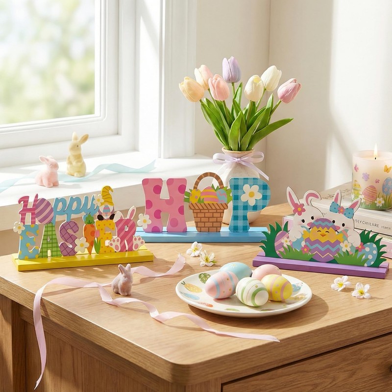 3 Pcs Easter Decorations, Wooden Easter Table Decorations, Happy Easter