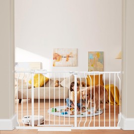 HOOOEN Extra Wide Baby Gate Extra Tall Dog Gate for Stairs Doorways White Metal Tension Child Pet Safety Gates with Pressure Mount 53-57.5 Inch