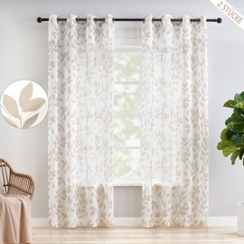 Transparent Curtains, Taupe Leaves, Voile Curtains with Eyelets, Linen Look, Transparent Curtains, Pattern, Transparent Curtains for Decoration, Living Room, Bedroom, Children's Room, 2 Pieces (140 x