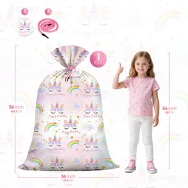 KIDAJOY Extra Large Unicorn Birthday Gift Bags Plastic 36x56 Inch Jumbo Pink Unicorn Gift Wrap Bag for Girls Rainbow Design Happy Birthday Party Favors Supplies