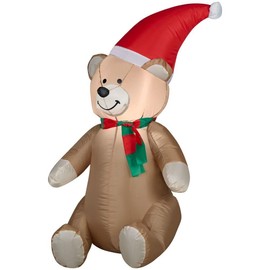Gemmy Airblown Inflatable Teddy Bear Wearing Santa Hat and Red Green Striped Scarf - Indoor Outdoor Holiday Decoration, 3.5-foot Tall