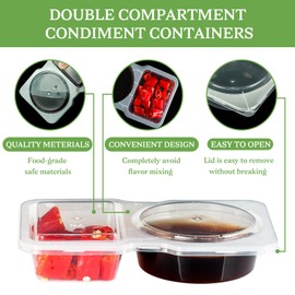 10Pcs Double Compartment Condiment Containers with Lids, Reusable Seasoning Containers, To Go Containers with Lids, Small Containers with Lids for Meal Prep, Food Storage, Lunch Box, and Travel Snack