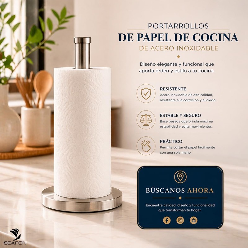SEAFON Portarrollos Papel Cocina 33 cm Acero Inoxidable Brazo de