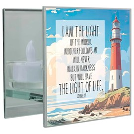 Elanze Designs I Am The Light of The World - John 8:12-4x2.5 Inch Multicolor Frosted Glass Square Tabletop Candle Holder - LED Tealight Candle Included