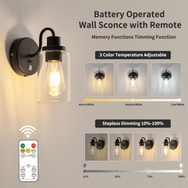 AIBISOD Battery Operated Wall Sconce Set of 2 Black LED Wall Lights with Remote Control, Included 3-Color Temperature Bulb, Dimmable Indoor Cordless Wall Lamp for Bedroom, Hallway