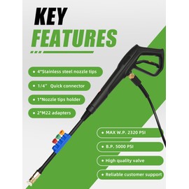 Pressure Washer Spray Gun for Ryobi Pressure Washer Gun, M22-14mm & M22-15mm Fitting, with Jet Wand and 4 Stainless Steel Nozzle Tips & Holder, Max W.P. 2320PSI, B.P. 5000PSI