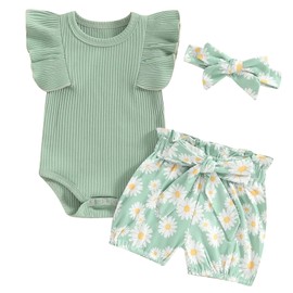 ZZLBUF Newborn Infant Baby Girl Summer Clothes Ribbed Ruffle Romper Daisy Shorts Headband Set Toddler 3Pcs Clothes (01# Green, 12-18 Months)