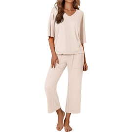 Ekouaer Lounge Sets for Women Comfy Pajamas Set 2 Piece Outfits Short Sleeve Tops and Wide Leg Pants with Large Pockets Beige