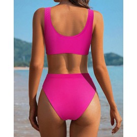SUUKSESS Women Cutout Bikini Sets Push Up High Waisted Swimsuits 2 Piece (L(6-8), Hot Pink)