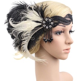 QG ltd Bridal Flapper Peacock Headband Headpiece 1920s Great Gatsby Gangster Headdress (Black And White)