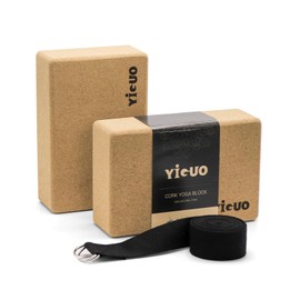 YIGUO Cork Yoga Blocks 2 Pack with Strap, Natural Yoga Block, Eco-friendly yoga blocks, High Density & Non-Slip Yoga Accessories for Women, Ideal for Yoga, Pilates and Stretching, 9"x6"x3"