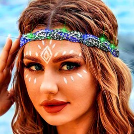 Fstrend Elastic Rhinestone Headband Colors Sparkle Braid Headpieces for Women(Blue-Green-Black)