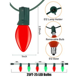 25ft Christmas Lights Outdoor, C7 Vintage Christmas String Lights with 27 Red Green Ceramic Bulbs(2 Spare), Hanging Patio String Lights for Holidays Christmas Party Wedding Decorations, Green Wire