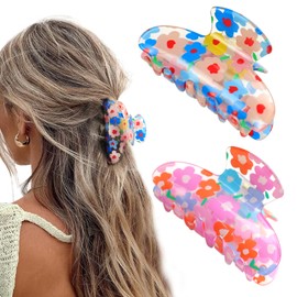 2PCS Flower Hair Claw Clips for Women and Girls, Floral Pattern Hair Clips Strong Hold Non-Slip Jaw Clip for Thick and Thin Hairs (Blue,Rose Red)
