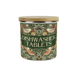 Green Strawberry Thief Dishwasher Tablets Storage Canister - Morris Inspired Floral Tapestry Artwork - 1.2L Refillable Home Cleaning Products Enamel Container