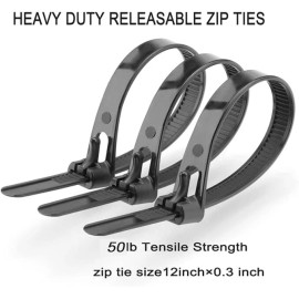 AGAOTIAN Releasable Reusable Zip Ties 12" Heavy Duty Thick Black Cable Reusable 100pack