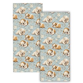 VODRM English Bulldog 2PCS Hand Towels,Cute Dog and Blue Floral Decor Kitchen Towel Set,Polyester Dish Handtowel,14.5" X 28",Soft Absorbent,for Bathroom Bath Spa Decoration,Housewarming Gifts