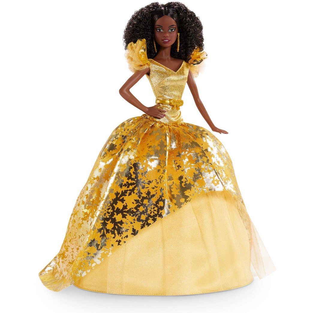 Barbie Signature 2020 Holiday Barbie Doll (12-inch Brunette Curly Hair) in Golden Gown, with Doll Stand and Certificate of Authenticity, Gift for 6 Year Olds and Up