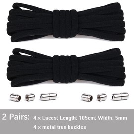 Olukssck 2 Pairs of Elastic Shoelaces with No Tying - Quick Lacing System with Metal Lock, Set for Runners, Children, 105 cm Length, Diameter 5 mm, Black
